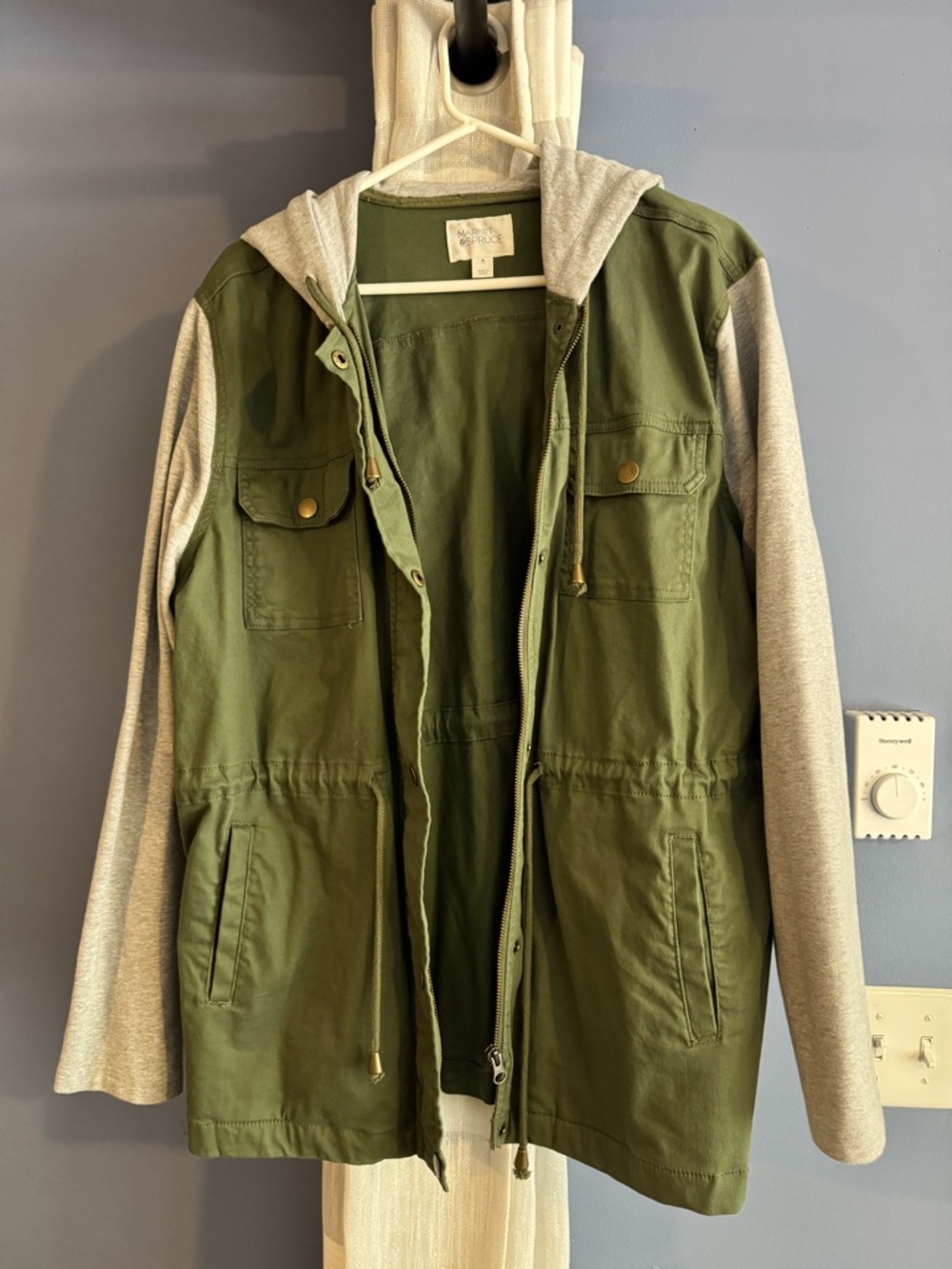 Market & Spruce Olive Green Utility Jacket with Heather Gray Hooded Sleeves